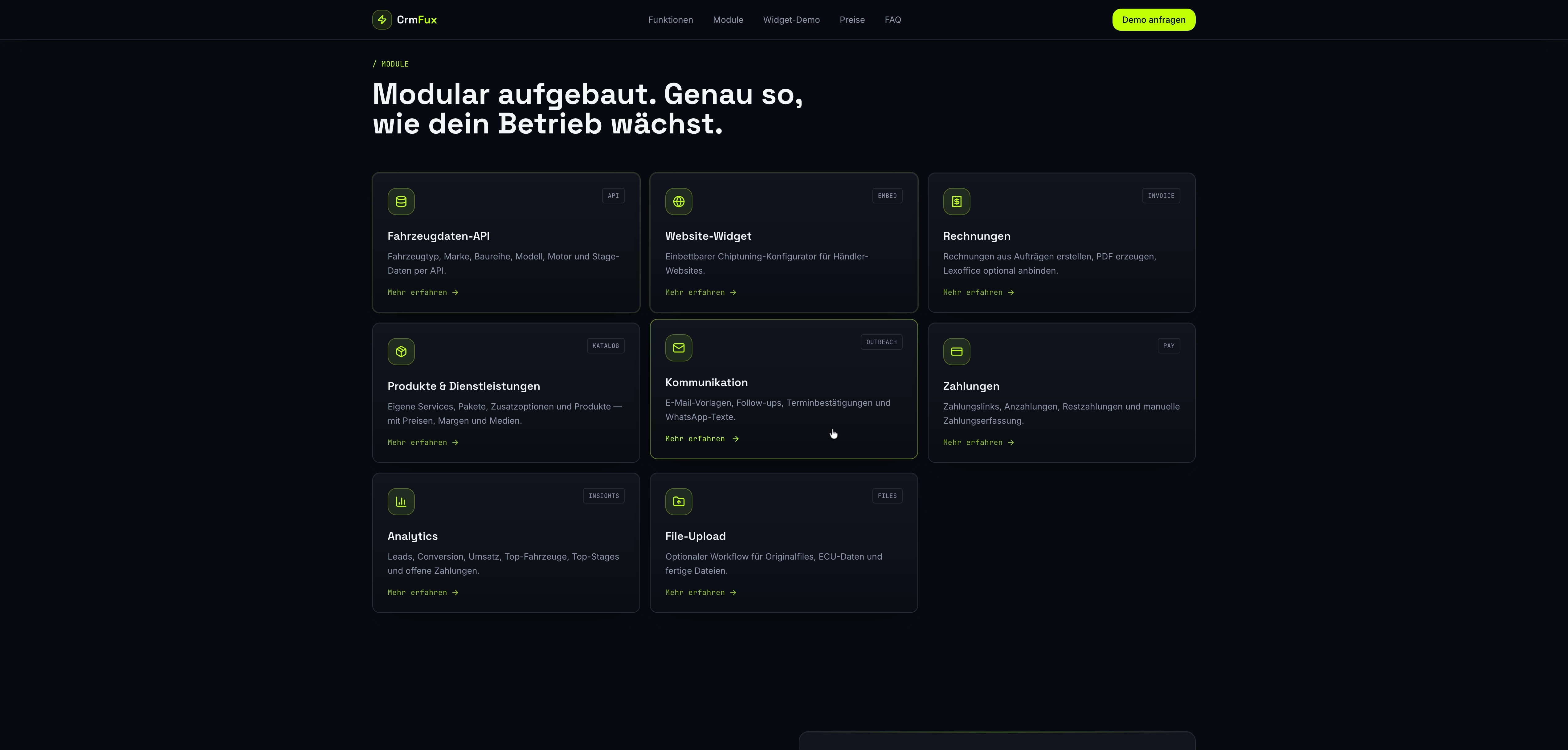 Das Dashboard bündelt alle Kundenanfragen und Fahrzeugdaten zentral für einen effizienten Werkstattalltag.