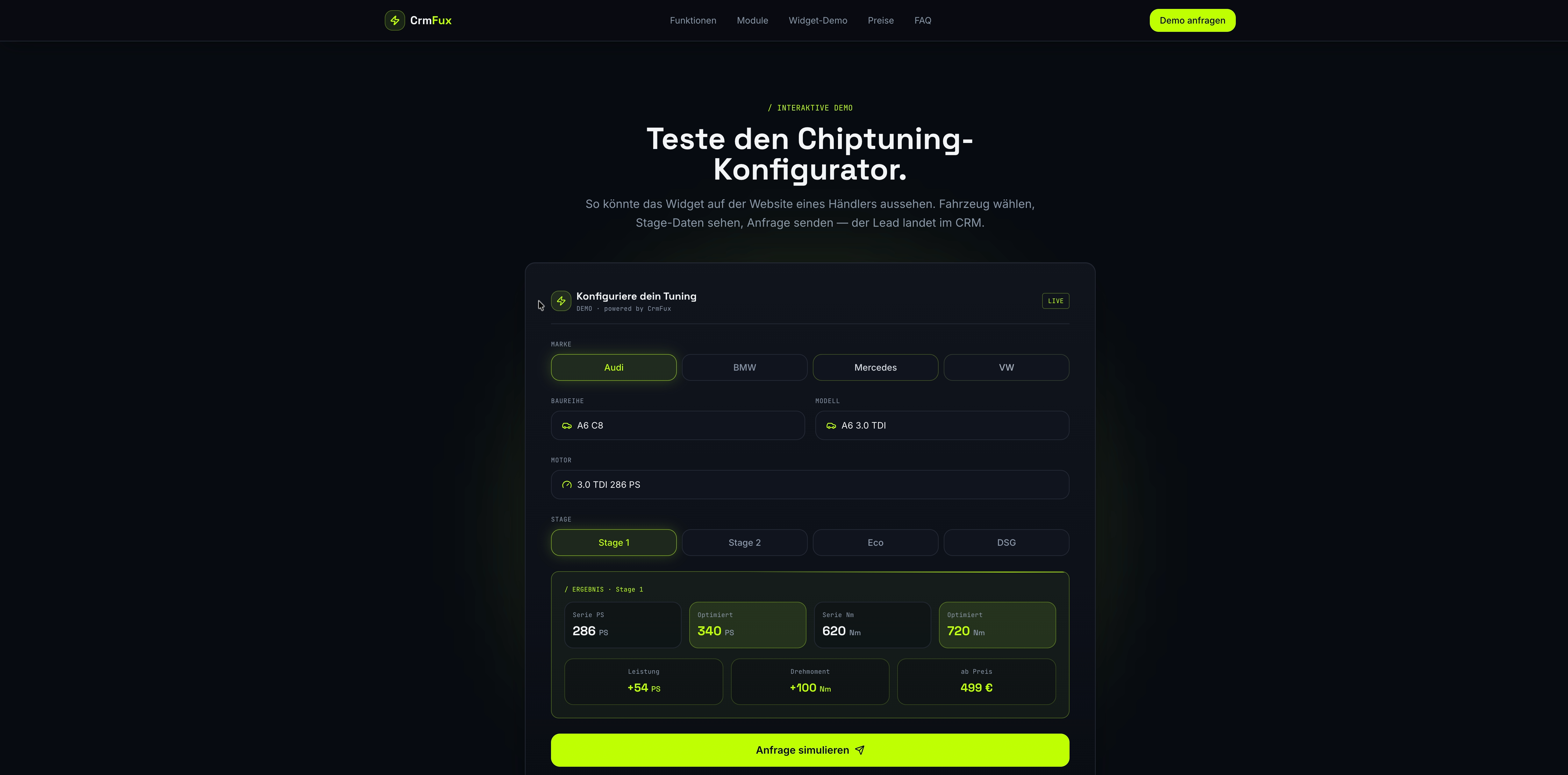 Das Dashboard bündelt Lead-Management und Fahrzeugdaten für einen effizienten Workflow in Tuning-Betrieben.